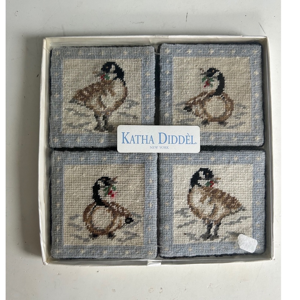 VTG Katha Diddel Cottagecore Needlepoint Coasters Set Birds Country Christmas